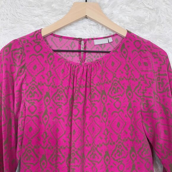 Ellie Kai Pure Silk Peasant Blouse Pink Brown Ikat 3/4 Sleeve Womens 00 XXS - Picture 2 of 7